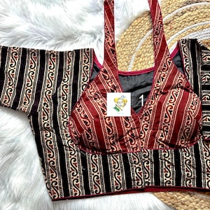 Hand Block Print Ajrakh Cotton Blouse, Masaba Cut, Half Sleeves, Padded, Ethnic Indian Top