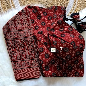 Sabyasachi Cut Ajrakh Designer Blouse, Handblock Print, Pure Cotton With Lining, Full Sleeve, Padded