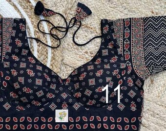 Sabyasachi Cut Ajrakh Blouse, Hand Block Print Cotton, Padded & Lining, Half Sleeves
