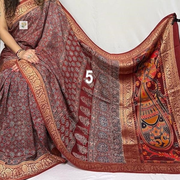 Nouveau style et design Ajrakh sur sari en soie Dola, impression pure main, couleurs organiques, respectueux de la peau, teint naturel, saris en soie pour femme