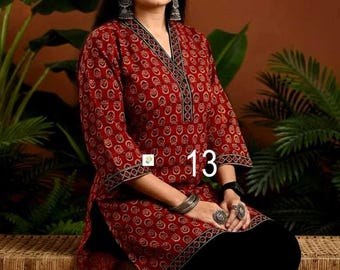 Hand Block Ajrakh Print Cotton Kurti, V-Neck, Ethnic Dress with Free Leggings, Womens Dresses