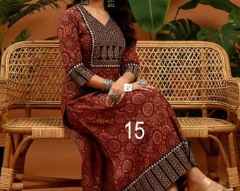 Cotton Kurti Hand Block Ajrakh Print, V-Neck Ethnic Dress with Free Leggings, Womens Dresses