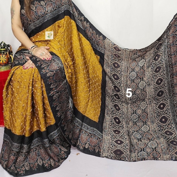Ancient Bandhani With Ajrakh On Modal Silk Saree, Pure Handblock Print, Organic Yellow Colors, Skin Friendly, Silk Sarees for Women