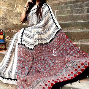 Pure Hand Block Print Modal Silk Ajrakh Saree, With New Design & Look, Organic Colors, Skin Friendly, Natural Dyed, Silk Sarees for Women