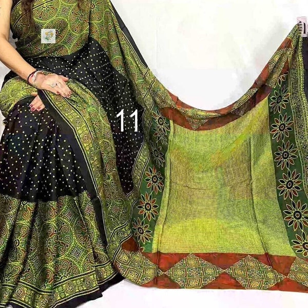 Pure Modal Silk Ajrakh Saree, Hand block Print, Vegetable Green Colors, Skin Friendly, Cruelty Free, Silk Sarees for Women