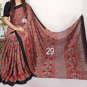 Pure Hand block Print Ajrakh Modal Silk Saree, with Running BP, Organic Colors, Skin Friendly, Natural Dyed, Silk Sarees for Women