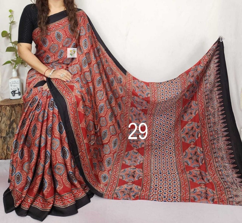 Pure Hand block Print Ajrakh Modal Silk Saree, with Running BP, Organic Colors, Skin Friendly, Natural Dyed, Silk Sarees for Women