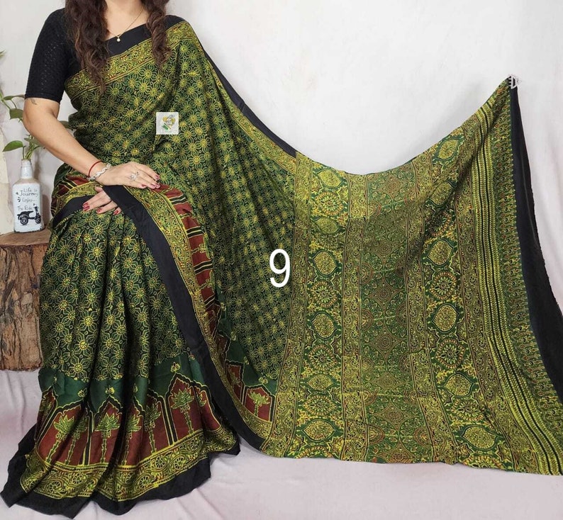 Pure Hand block Print Ajrakh Modal Silk Saree, with Running BP, Organic Colors, Skin Friendly, Natural Dyed, Silk Sarees for Women
