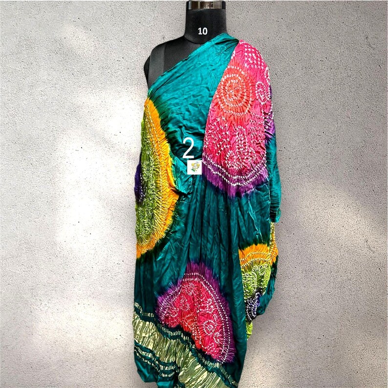 Trabajo Kasumba Bandhani hecho a mano, Dupatta de seda modal, Lagdi Patta, multicolores vegetales, moda femenina Dupatta No # 2