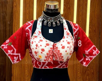 Jamdani Masaba Cut Blouse, Handweaving Resham Muslin, Padded, Back Open, Half Sleeves
