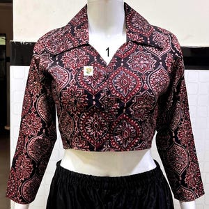 Pure Hand Block Print Ajrakh Crop Top, Classy Trendy Collar, Full Sleeves, Pure Cotton, Non Padded, Crop Top For Women, Womens Fashion. Crop Top No # 1. Colour : Maroon.