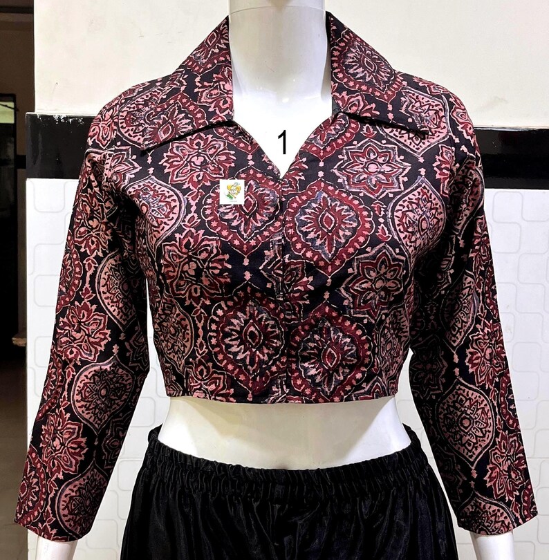 Pure Hand Block Print Ajrakh Crop Top, Classy Trendy Collar, Full Sleeves, Pure Cotton, Non Padded, Crop Top For Women, Womens Fashion. Crop Top No # 1. Colour : Maroon.