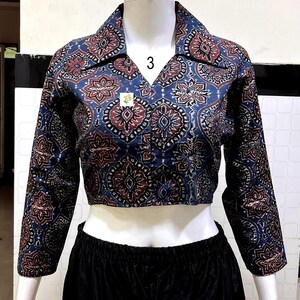 Pure Hand Block Print Ajrakh Crop Top, Classy Trendy Collar, Full Sleeves, Pure Cotton, Non Padded, Crop Top For Women, Womens Fashion. Crop Top No # 3. Colour : Indigo.