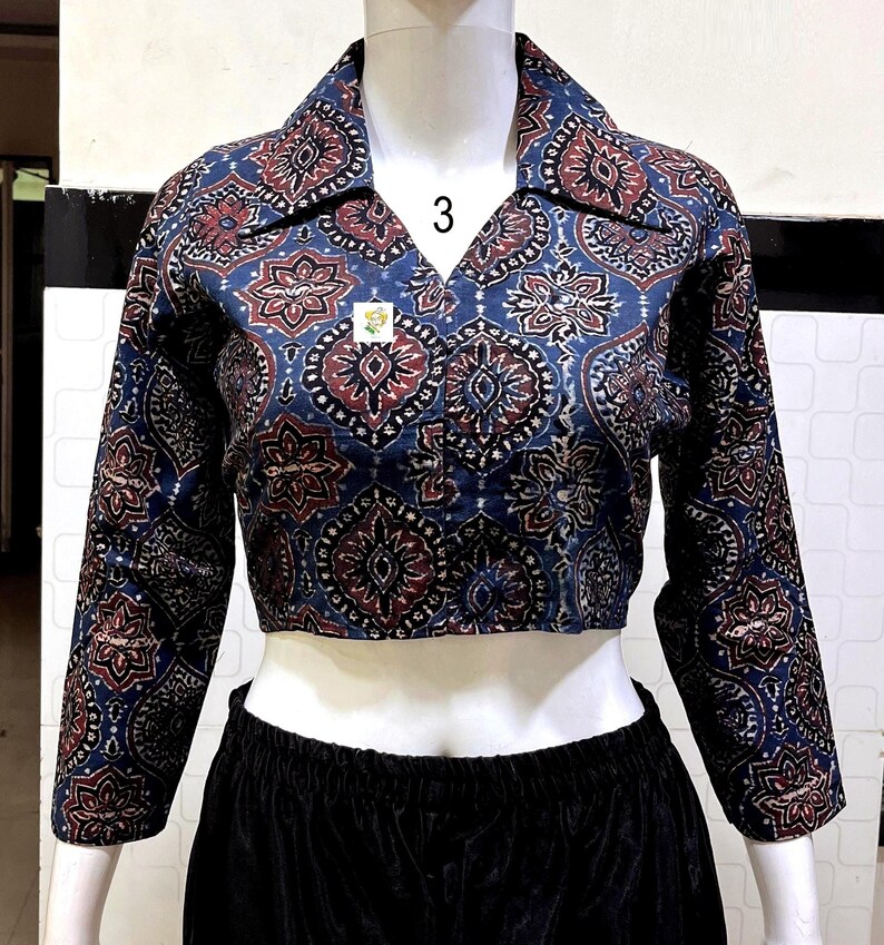 Pure Hand Block Print Ajrakh Crop Top, Classy Trendy Collar, Full Sleeves, Pure Cotton, Non Padded, Crop Top For Women, Womens Fashion. Crop Top No # 3. Colour : Indigo.