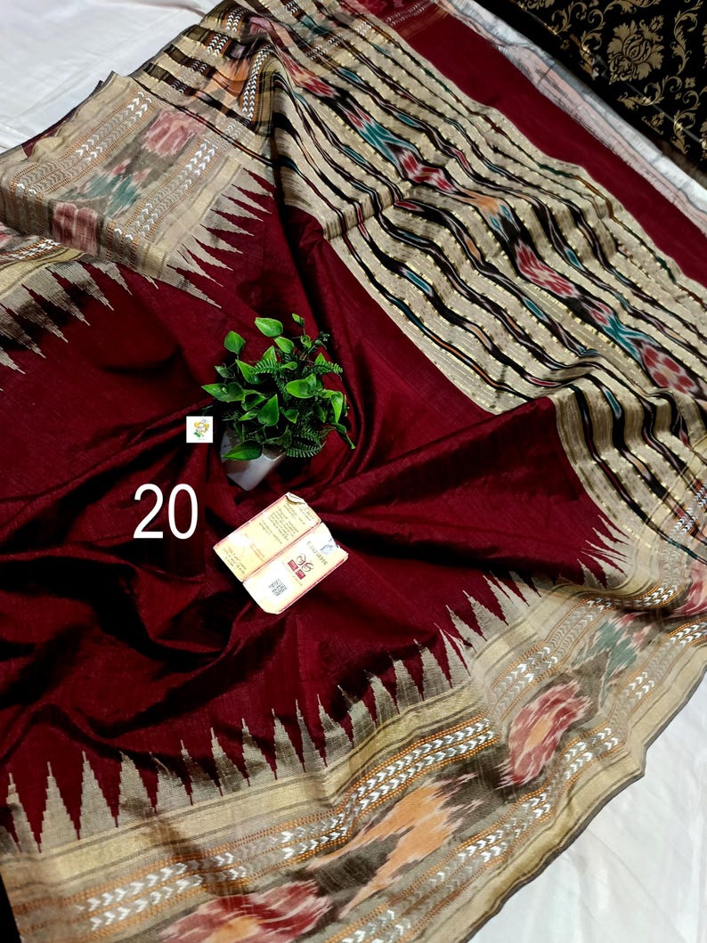 Handwoven Raw Silk Saree, Ikkat And Vidarbha Temple Border, Ikat Pallu, Silk Mark Certified Saree No # 20