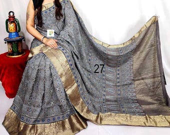 Pure Hand block Print Ajrakh On Dola Silk Saree, Designed Lagdi Patta and Border, Organic Colors, Natural Hand Dyed, Silk Sarees for Women,