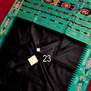 Handwoven Raw Silk Saree, Ikkat Temple Border, Heavy Ikat Pallu, Silk Mark Certified Saree No # 23