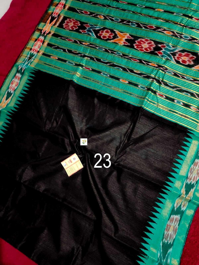 Handwoven Raw Silk Saree, Ikkat Temple Border, Heavy Ikat Pallu, Silk Mark Certified Saree No # 23