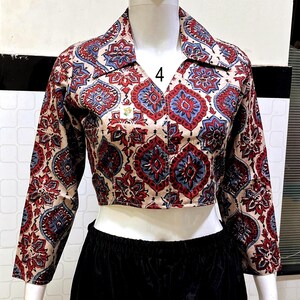 Pure Hand Block Print Ajrakh Crop Top, Classy Trendy Collar, Full Sleeves, Pure Cotton, Non Padded, Crop Top For Women, Womens Fashion. Crop Top No # 4. Colour : Off White.