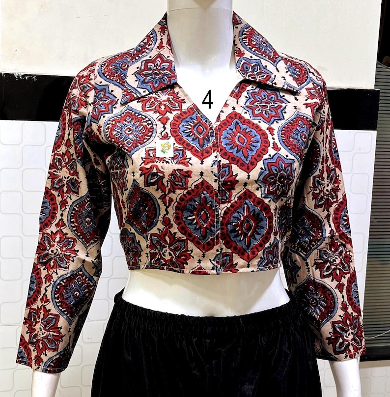 Pure Hand Block Print Ajrakh Crop Top, Classy Trendy Collar, Full Sleeves, Pure Cotton, Non Padded, Crop Top For Women, Womens Fashion. Crop Top No # 4. Colour : Off White.