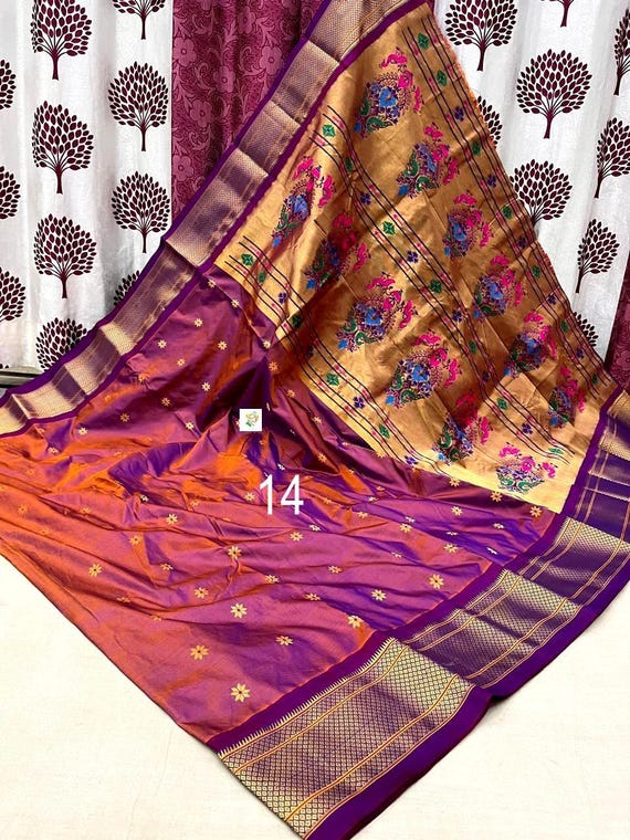 Pure Silk Kadiyal Border Paithani Saree, Handwoven, All Over Buttis, Silk Mark Certified