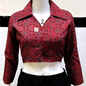 Pure Hand Block Print Ajrakh Crop Top, Classy Trendy Collar, Full Sleeves, Pure Cotton, Non Padded, Crop Top For Women, Womens Fashion. Crop Top No # 2. Colour : Red.