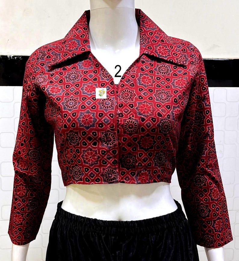 Pure Hand Block Print Ajrakh Crop Top, Classy Trendy Collar, Full Sleeves, Pure Cotton, Non Padded, Crop Top For Women, Womens Fashion. Crop Top No # 2. Colour : Red.