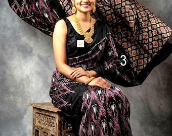 Sari de seda Pochampally Ikat Pattu tejido a mano, diseño exclusivo, certificado Silk Mark.