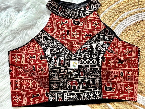 Hand Block Print Ajrakh Blouse, Halter Neck, Cotton, Padded, Inside Lining