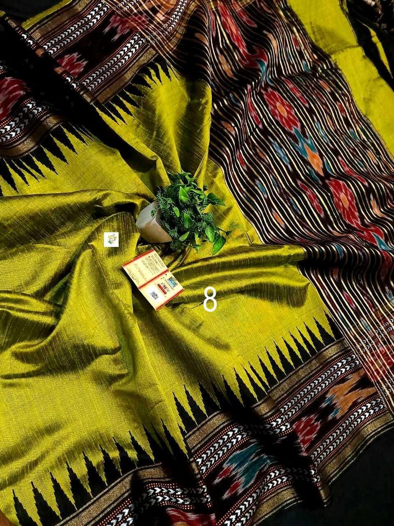 Handwoven Raw Silk Saree, Ikkat And Vidarbha Temple Border, Ikat Pallu, Silk Mark Certified Saree No # 8