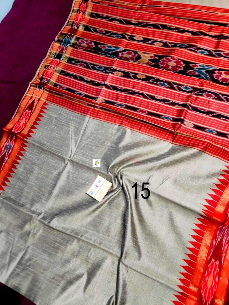 Handwoven Raw Silk Saree, Ikkat Temple Border, Heavy Ikat Pallu, Silk Mark Certified Saree No # 15