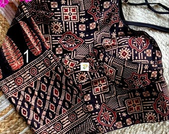 Sabyasachi Cut Ajrakh Blouse, Handblock Printed Cotton, Full Sleeves, Padded & Lining