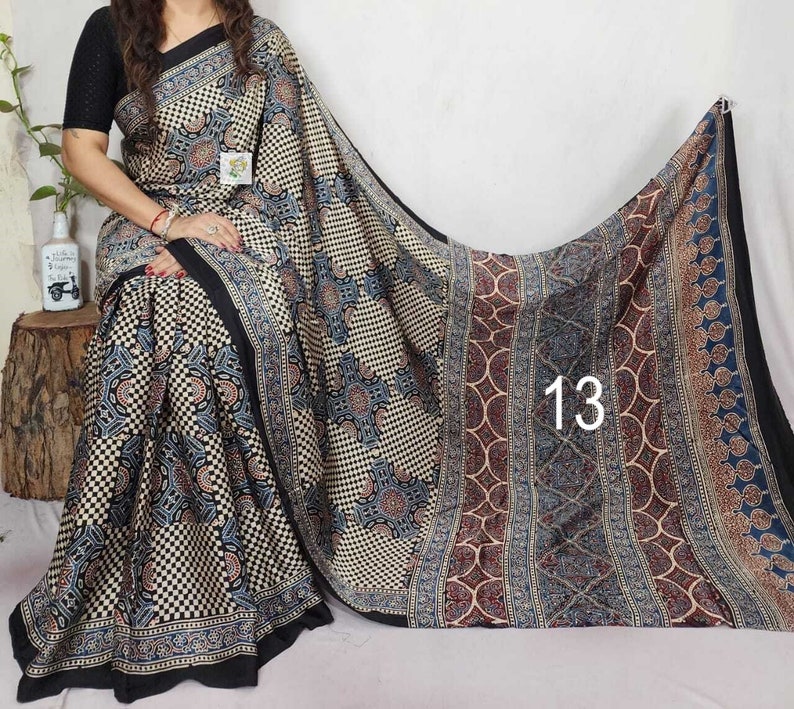 Pure Hand block Print Ajrakh Modal Silk Saree, with Running BP, Organic Colors, Skin Friendly, Natural Dyed, Silk Sarees for Women