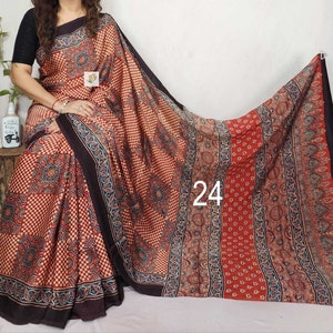 Pure Hand block Print Ajrakh Modal Silk Saree, with Running BP, Organic Colors, Skin Friendly, Natural Dyed, Silk Sarees for Women