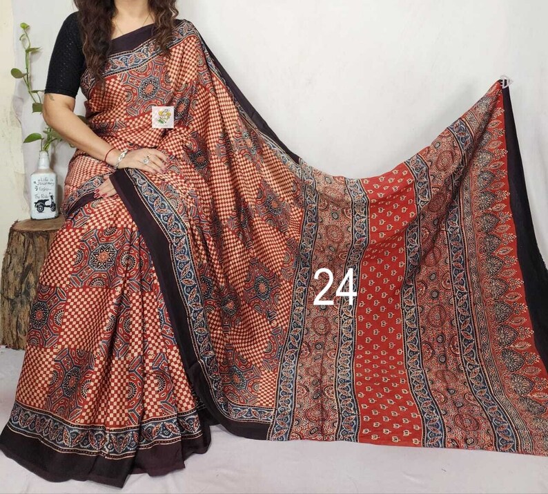 Pure Hand block Print Ajrakh Modal Silk Saree, with Running BP, Organic Colors, Skin Friendly, Natural Dyed, Silk Sarees for Women