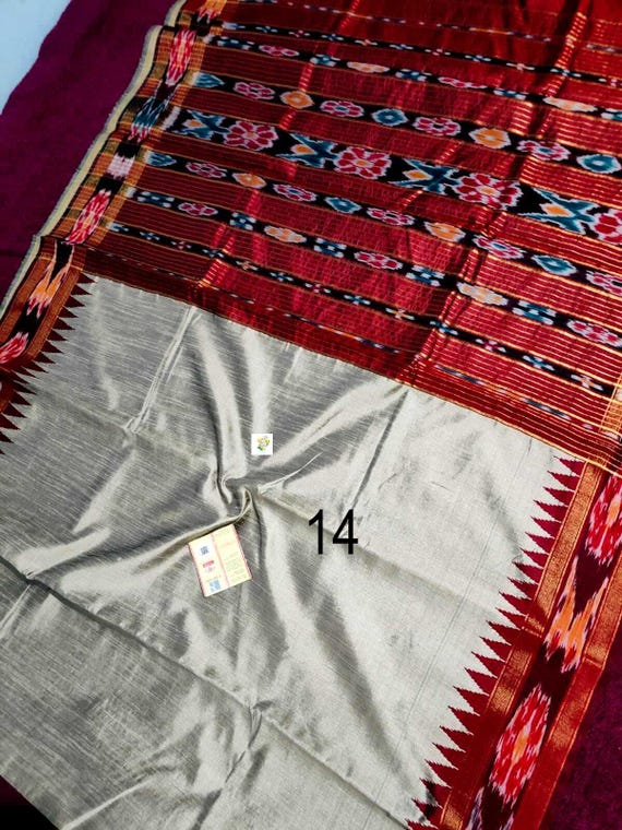 Handwoven Raw Silk Saree, Ikkat Temple Border, Heavy Ikat Pallu, Silk Mark Certified