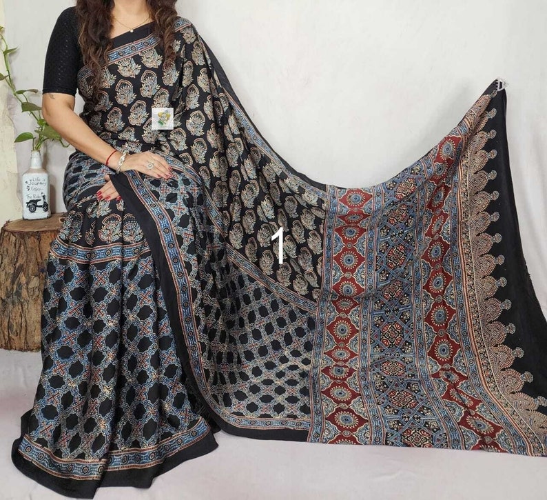 Pure Hand block Print Ajrakh Modal Silk Saree, with Running BP, Organic Colors, Skin Friendly, Natural Dyed, Silk Sarees for Women Saree No # 1