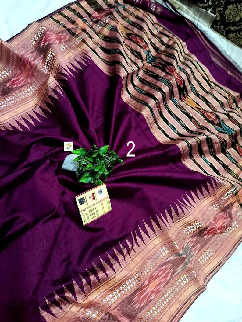 Handwoven Raw Silk Saree, Ikkat And Vidarbha Temple Border, Ikat Pallu, Silk Mark Certified Saree No # 2
