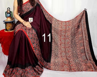 Pure Modal Silk Ajrakh Saree, Ancient Hand blocks, Attractive Organic Vibrant Shades, Skin Friendly, Silk Sarees for Women, Womens Fashion