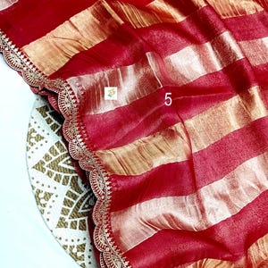 Handwoven Pure Kora Tissue Silk Saree, Stripe Body, Beautiful Lace Border, Tissue Brocade BP, Silk Sarees for Women, Womens Fashion