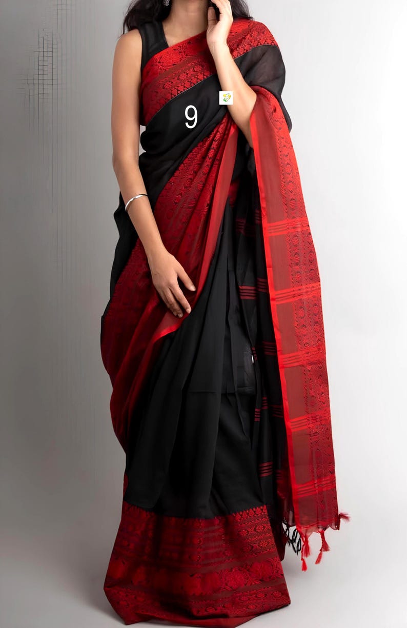 Reiner Khadi Baumwoll-Begampuri-Sari, handgewebte Bordüre, Förderung nachhaltiger Mode, Baumwoll-Sari für Frauen Saree No # 9