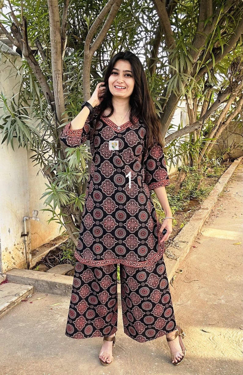 Black - Ajrakh Block Printed Cotton Kurta With Palazzo & Dupatta Set main image 0
