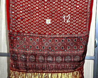 Mirror Work Ajrakh Modal Silk Dupatta, Handblock Print, Organic Colors, Lagdi Patta