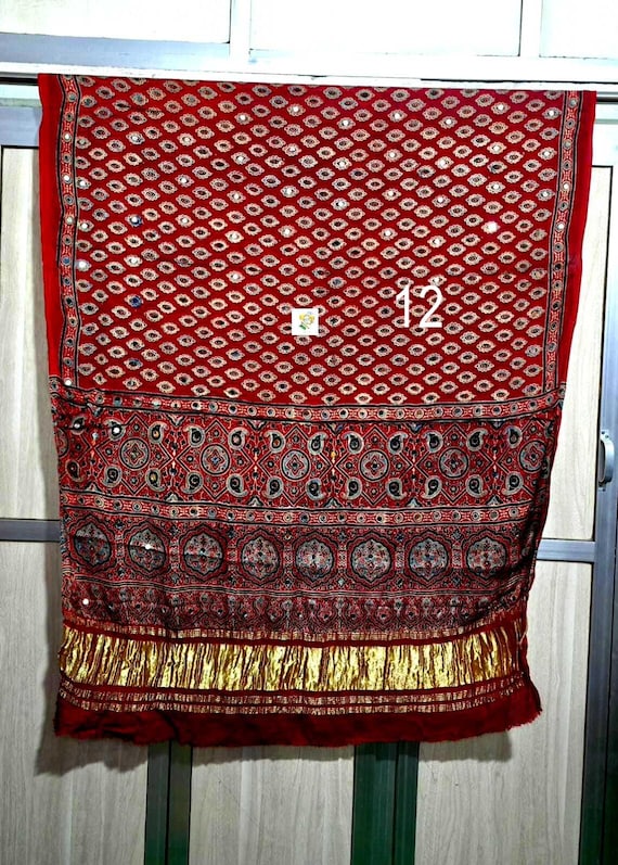 Mirror Work Ajrakh Modal Silk Dupatta, Handblock Print, Organic Colors, Lagdi Patta