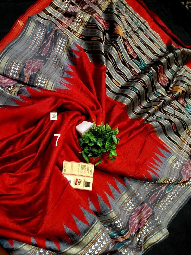 Handwoven Raw Silk Saree, Ikkat And Vidarbha Temple Border, Ikat Pallu, Silk Mark Certified Saree No # 7