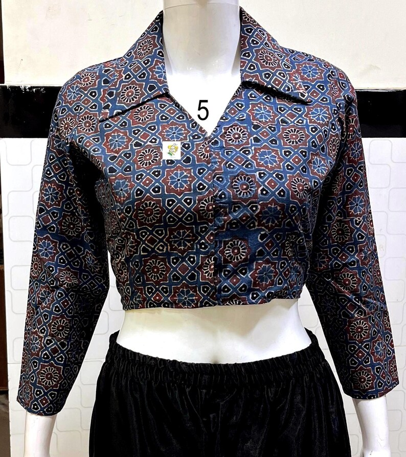 Pure Hand Block Print Ajrakh Crop Top, Classy Trendy Collar, Full Sleeves, Pure Cotton, Non Padded, Crop Top For Women, Womens Fashion. Crop Top No # 5. Colour : Indigo.