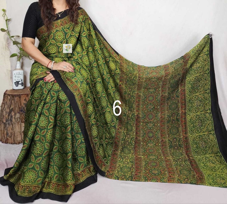 Pure Hand block Print Ajrakh Modal Silk Saree, with Running BP, Organic Colors, Skin Friendly, Natural Dyed, Silk Sarees for Women