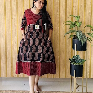 Pure Handblock Ajrakh Angrakha A Line Kurti, With Beautiful Butterfly String And Tassels, Embrace Ethical Fashion, Ethnic Dresses For Woman
