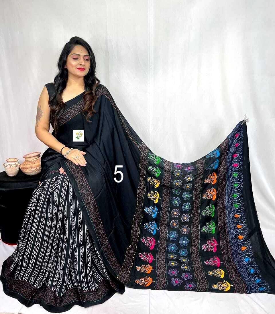Pure Modal Silk Ajrakh Saree, Hand block Print, Organic Silk, Vegetable Colors, Natural Dyed, Skin Friendly, Silk Sarees for Women