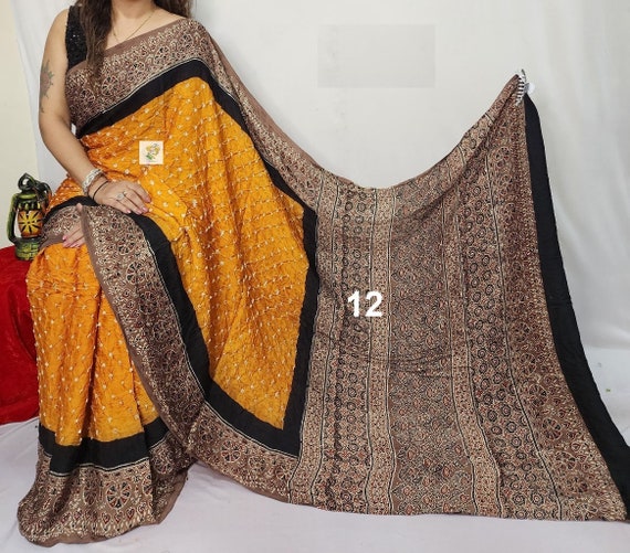 Modal Silk Sarees with Bandhani and Ajrakh Patterns – Sharvari's